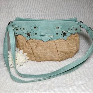 ELLE Laser Cut Flower Shoulder Bag Mint & Canvas